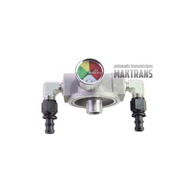 Adapter for connection of additional filtration system with pressure relief valve and filter clogging indicator, used only in wet DSG CVTs of all manufacturers.